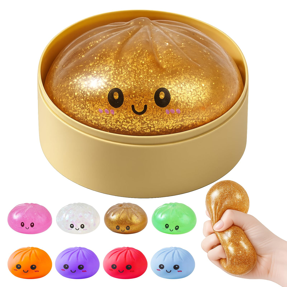 SideOnes glitter dumpling squishy inside a steamer box for tactile use and visual sparkle