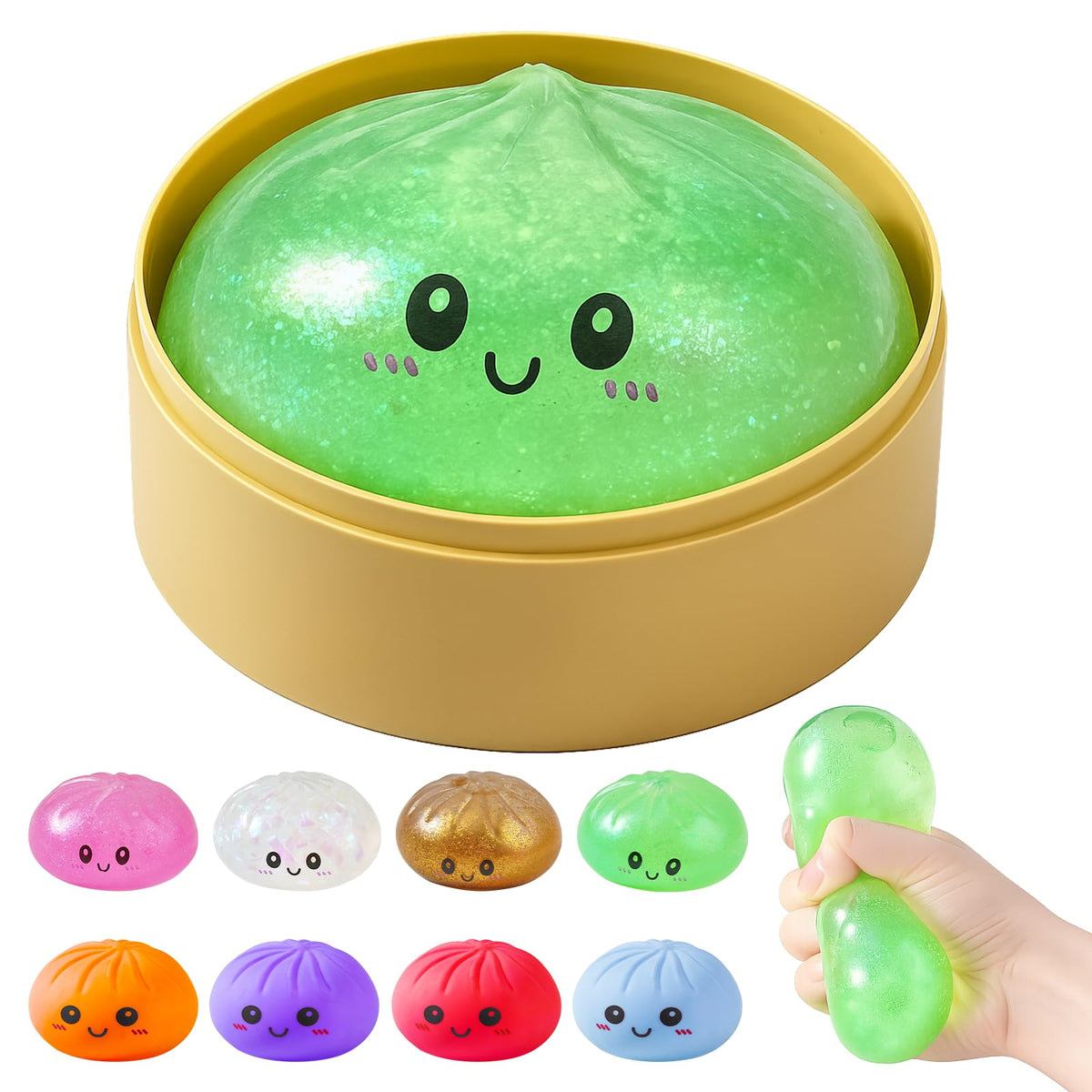 SideOnes glitter dumpling squishy inside a box with sparkly surface and slow-rise feel.