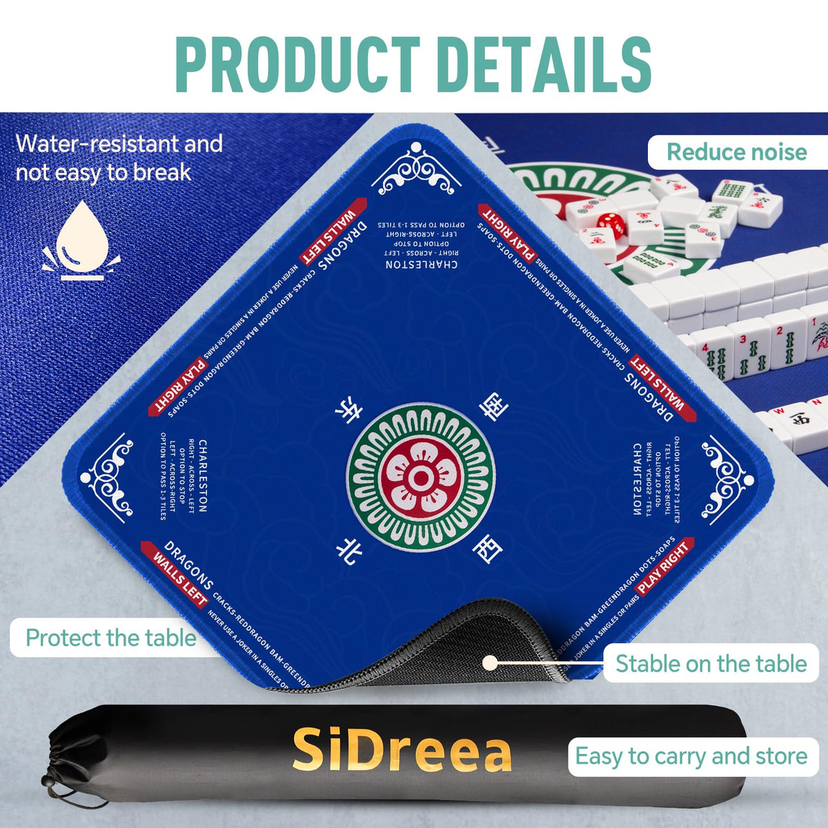 SiDreea Mahjong Mat expansive 32.4” x 32.4” area supports cards and dominoes.