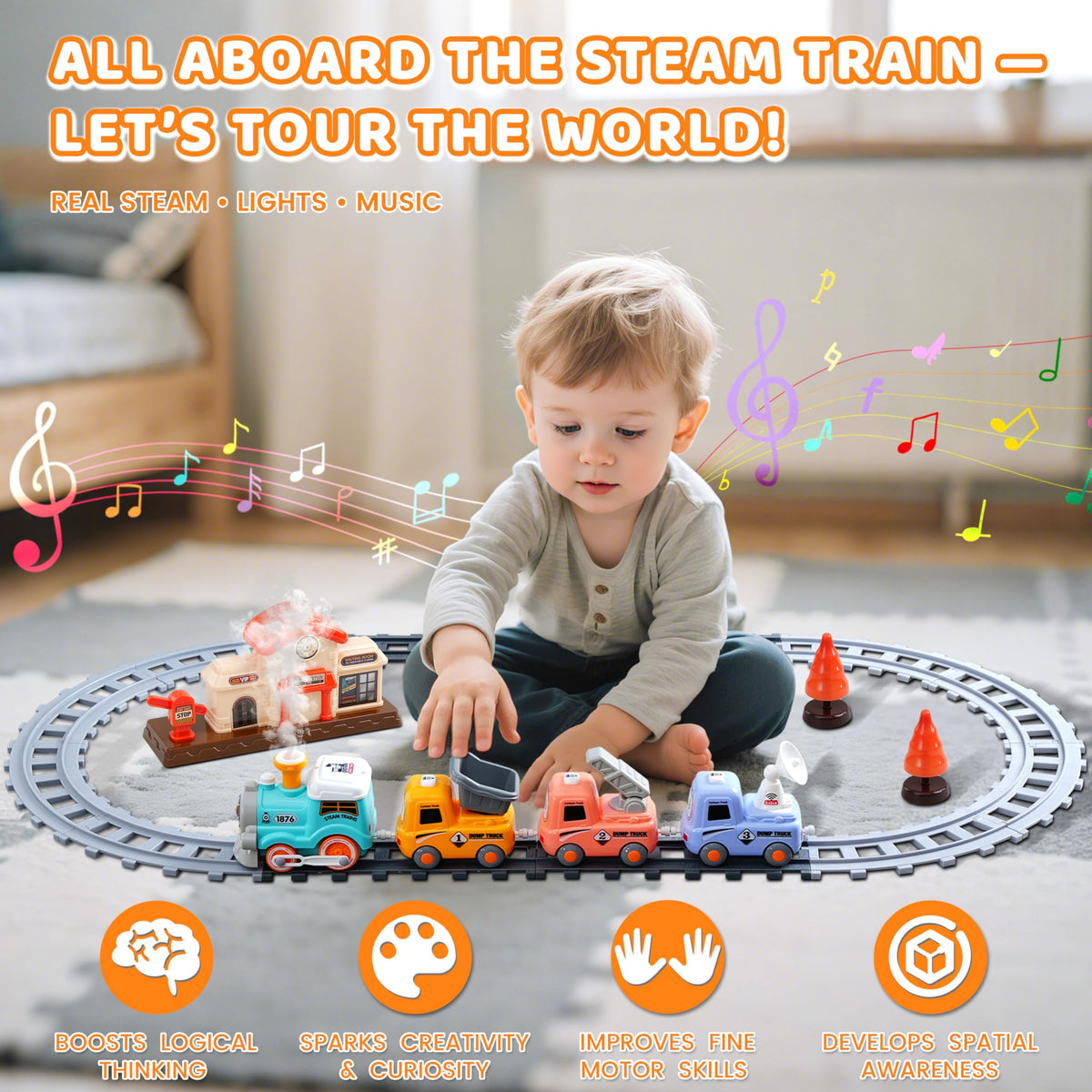 SIGHTEEDA steam train set fire truck car sparks imaginative role-play