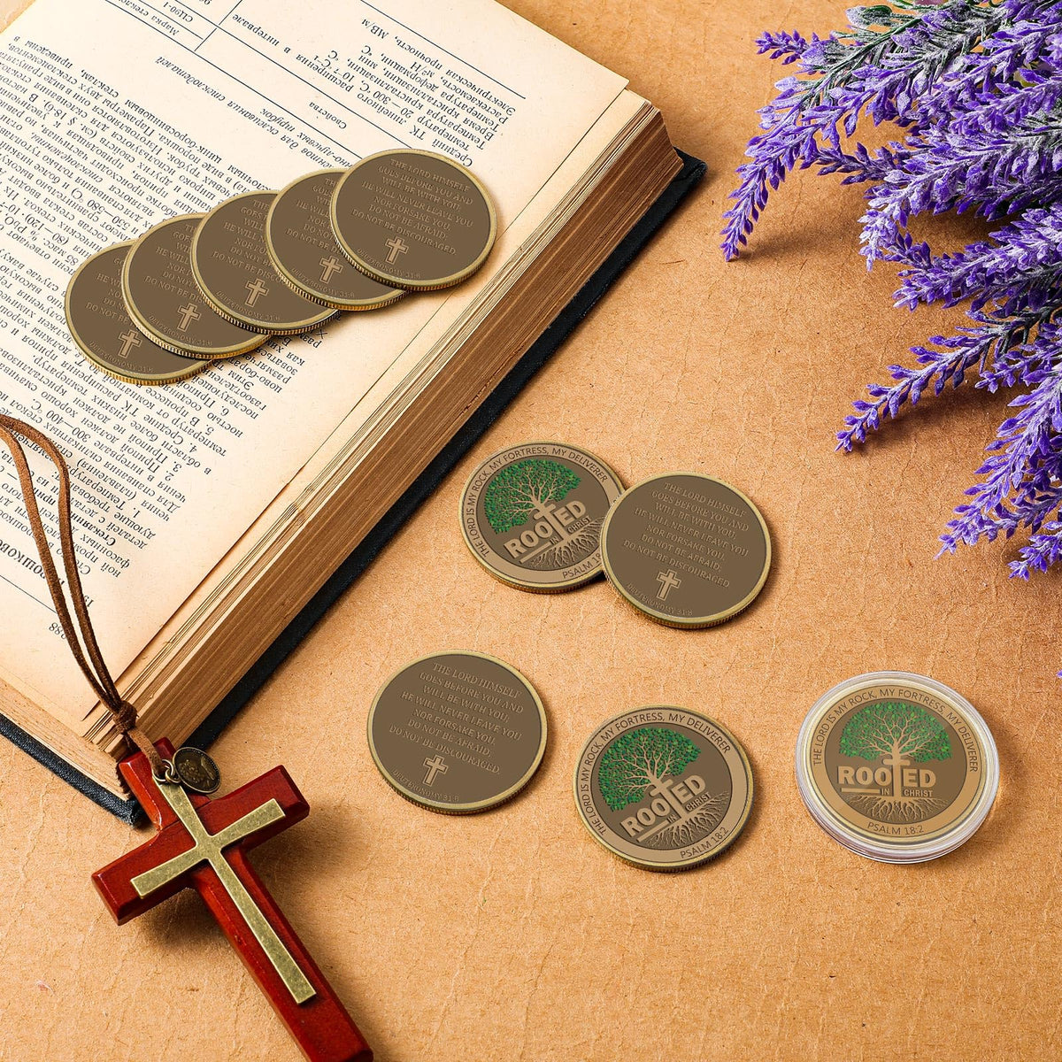 Siifert Rooted in Christ coin showcasing antique bronze finish and sturdy zinc alloy
