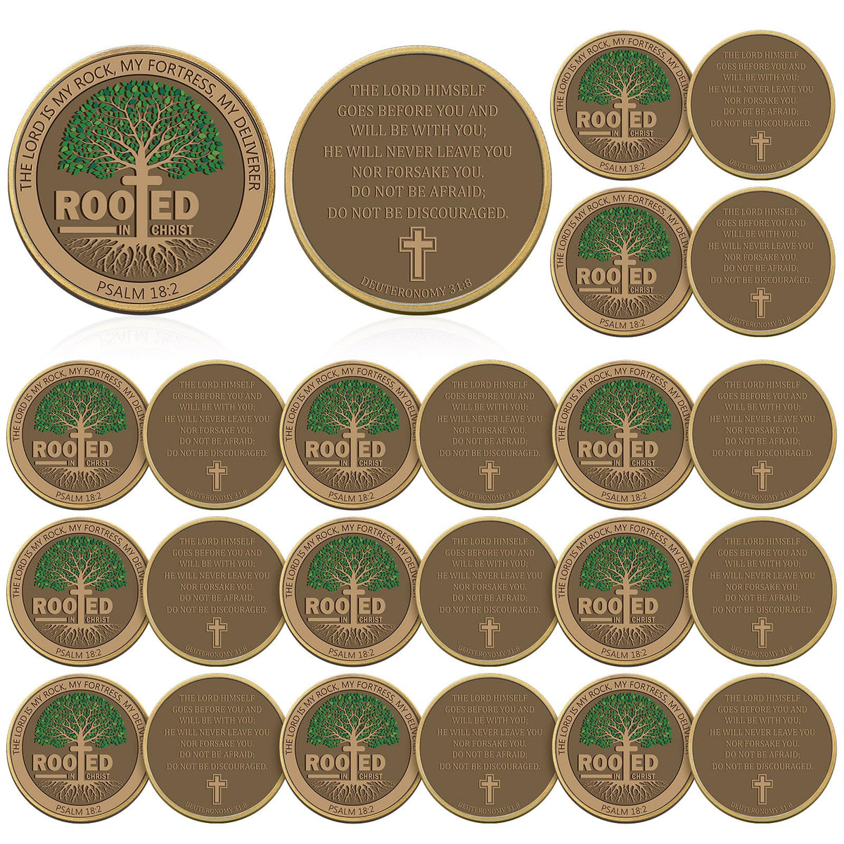 Siifert Rooted in Christ coin front view with tree and verse for daily faith reminder