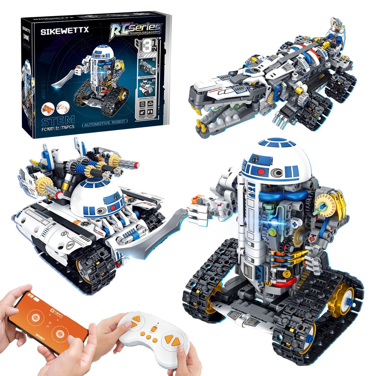 Sikewettx 3-in-1 STEM robot kit showing three build models for hands-on learning
