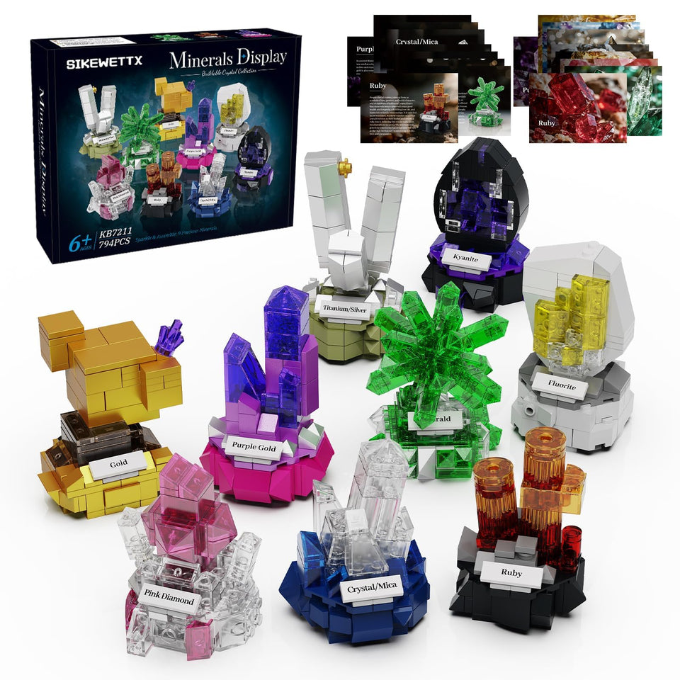 Sikewettx Mineral Display 9-models on a shelf showcasing vibrant crystal replicas for home collection.