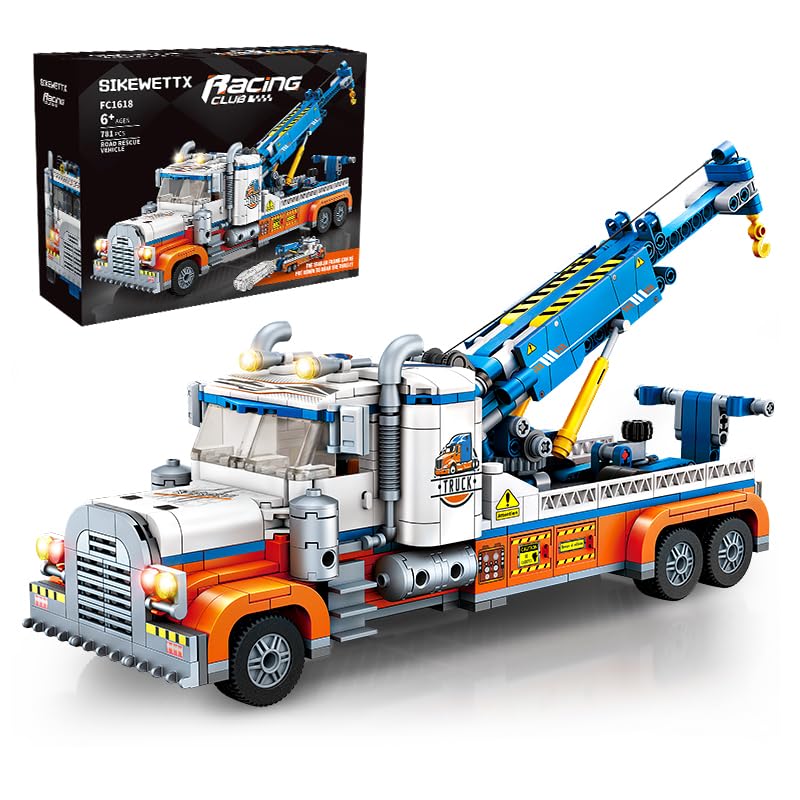 Sikewettx tow truck building kit front view, inspiring imaginative rescue missions.