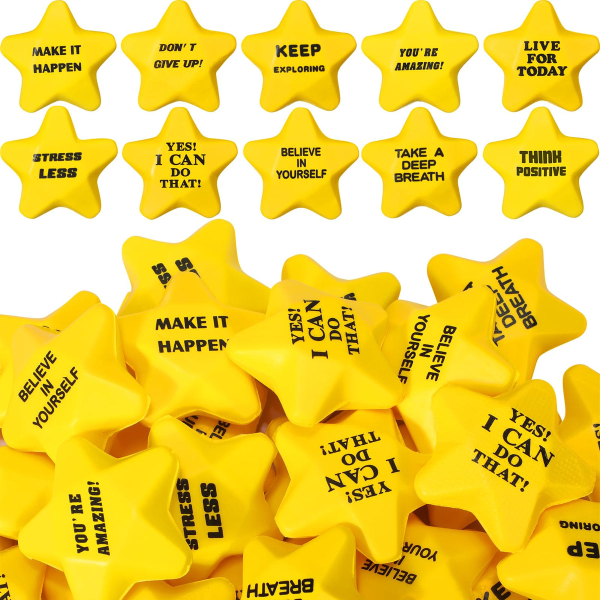 Silipull 100pcs motivational star stress balls yellow pack for easy stress relief and focus.