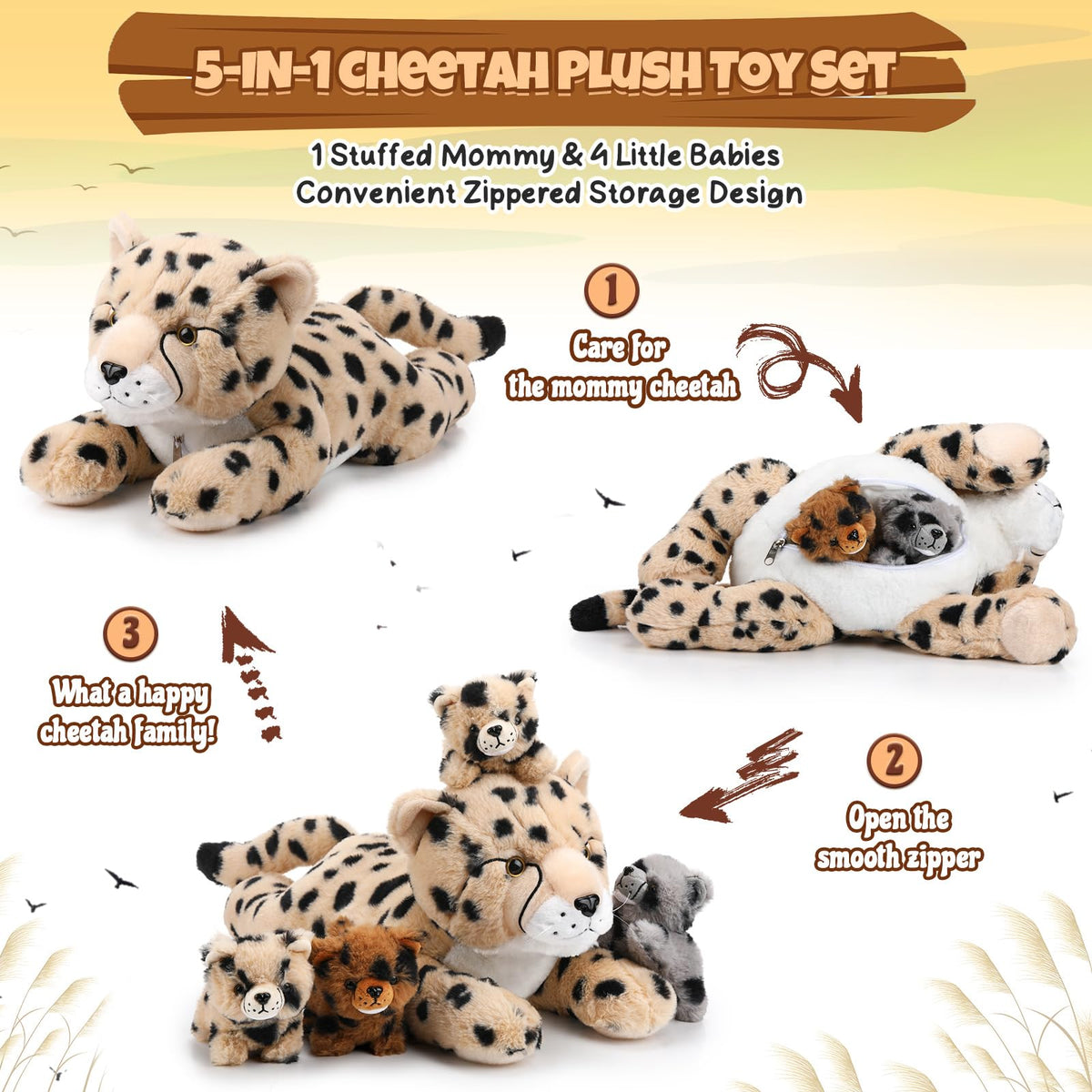 Silipull cheetah cubs plush with soft fabric for naps