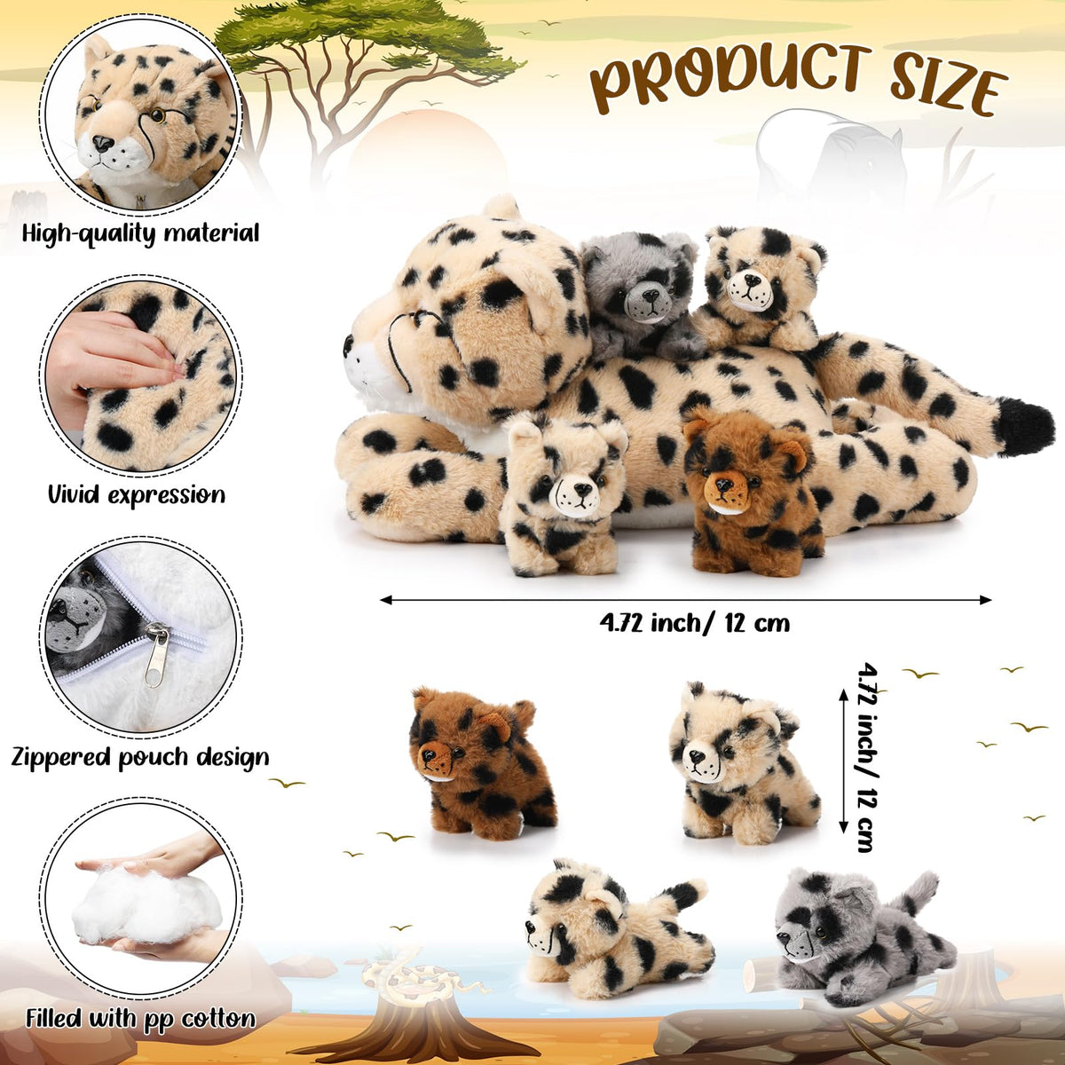 Silipull cheetah mom plush with belly zipper for tidy cub storage