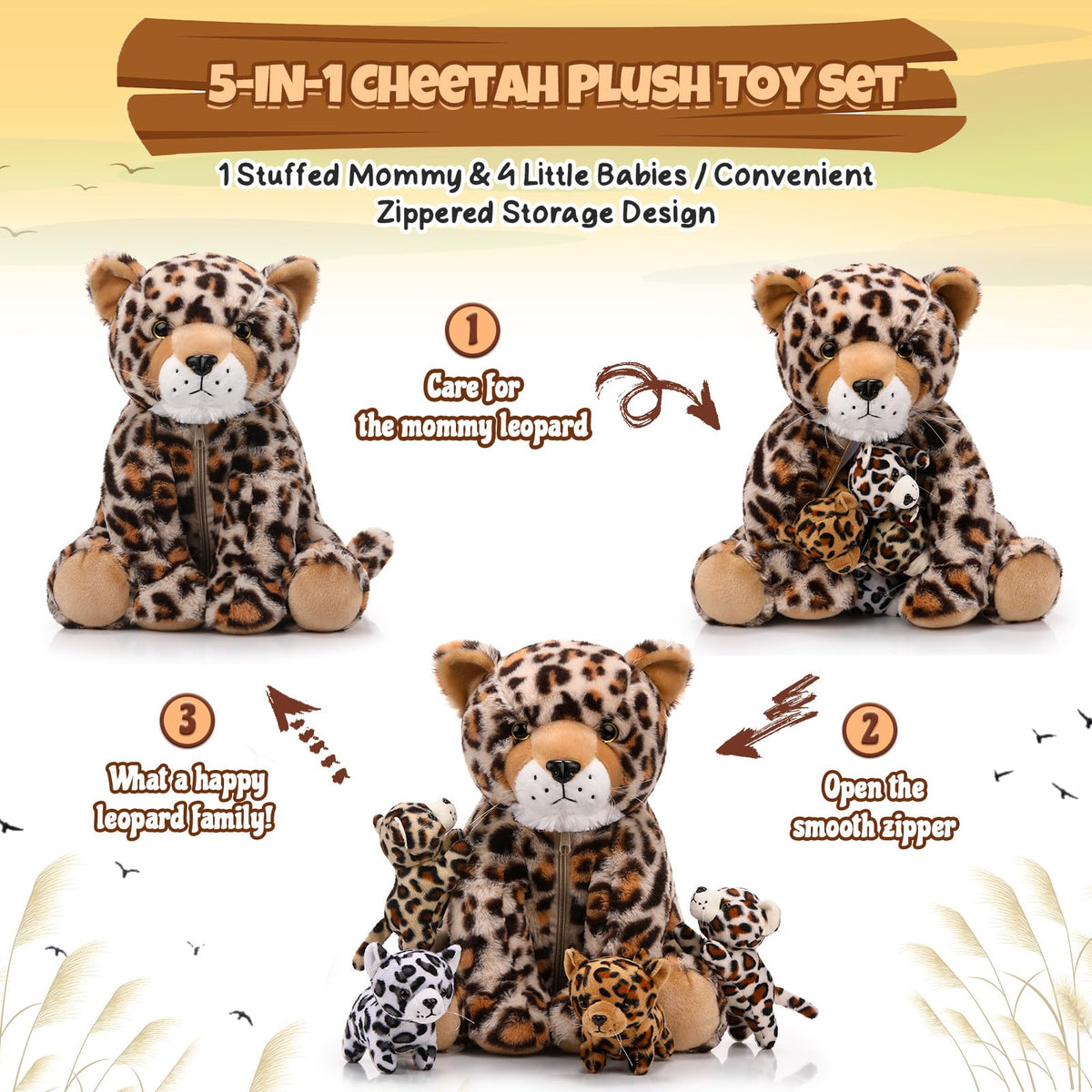 Silipull mommy cheetah stands at 14 inches for cuddly companionship.