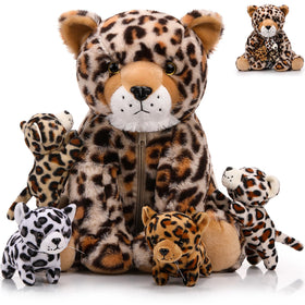 Silipull mommy cheetah with zippered belly for storing cubs during playtime.