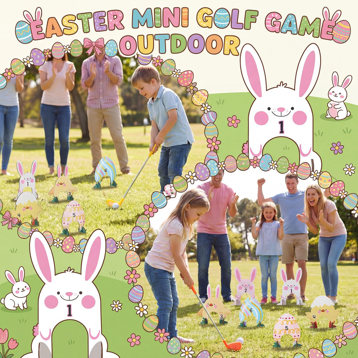 Silipull Easter mini golf set shown on floor with bright colors for gatherings.