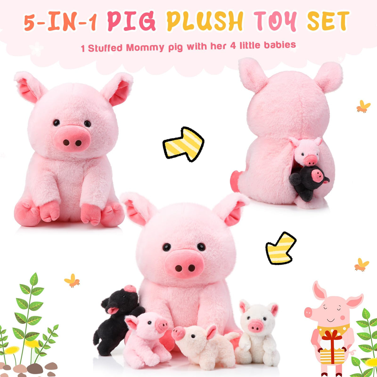 Silipull 12-inch pig family ready to brighten bed or shelf.