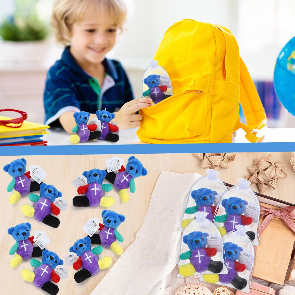 Silipull rainbow faith bear in blue recalls baptism moments