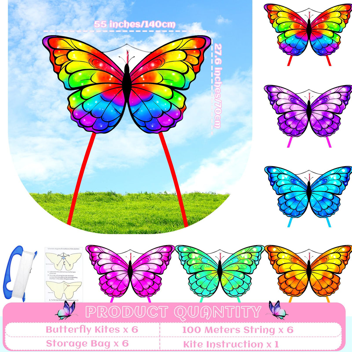 Silipull six-pack rainbow kites ready for quick setup and family play