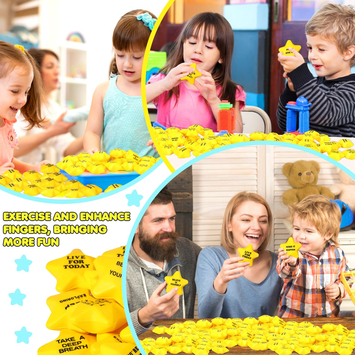 Silipull yellow stress balls packaged 100-count for group activities.