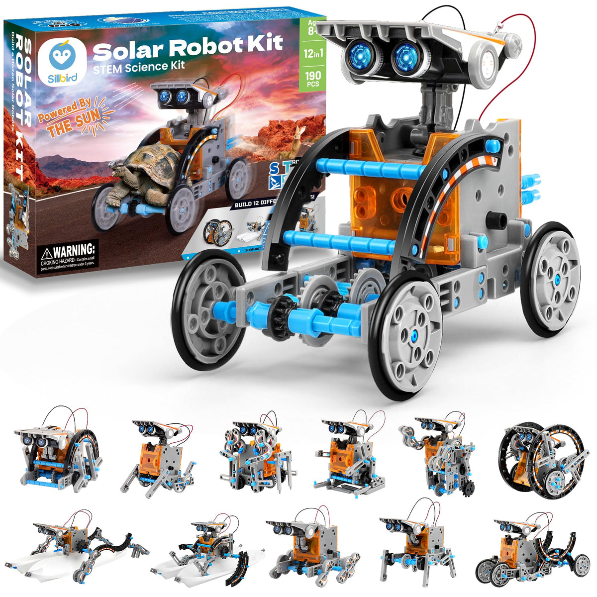 Sillbird 12-in-1 solar robot kit models for hands-on engineering exploration.