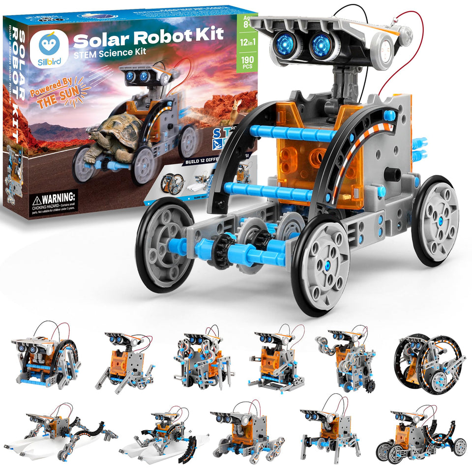 Sillbird 12-in-1 solar robot kit models for hands-on engineering exploration.
