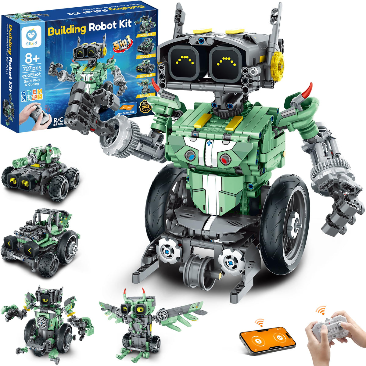 Sillbird robot kit assembly pieces showcase the colorful 727-piece set for creative building