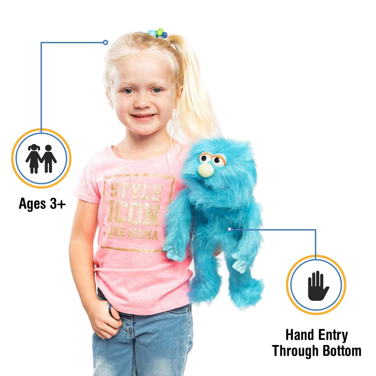 Silly Puppets Blue Monster hand puppet mouth action during play.