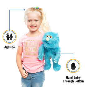 Silly Puppets Blue Monster hand puppet mouth action during play.