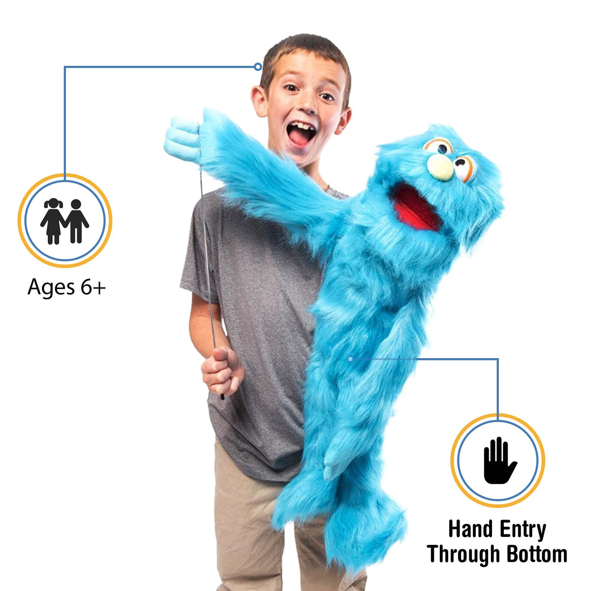 Silly Puppets blue monster puppet face close-up highlighting expressive eyes