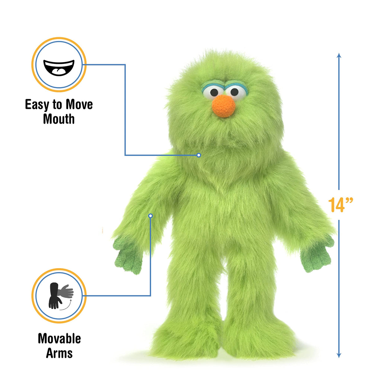 Silly Puppets Green Monster close-up shows soft, cuddly fabric