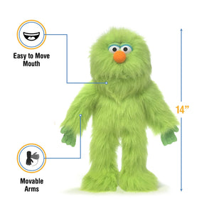 Silly Puppets Green Monster close-up shows soft, cuddly fabric