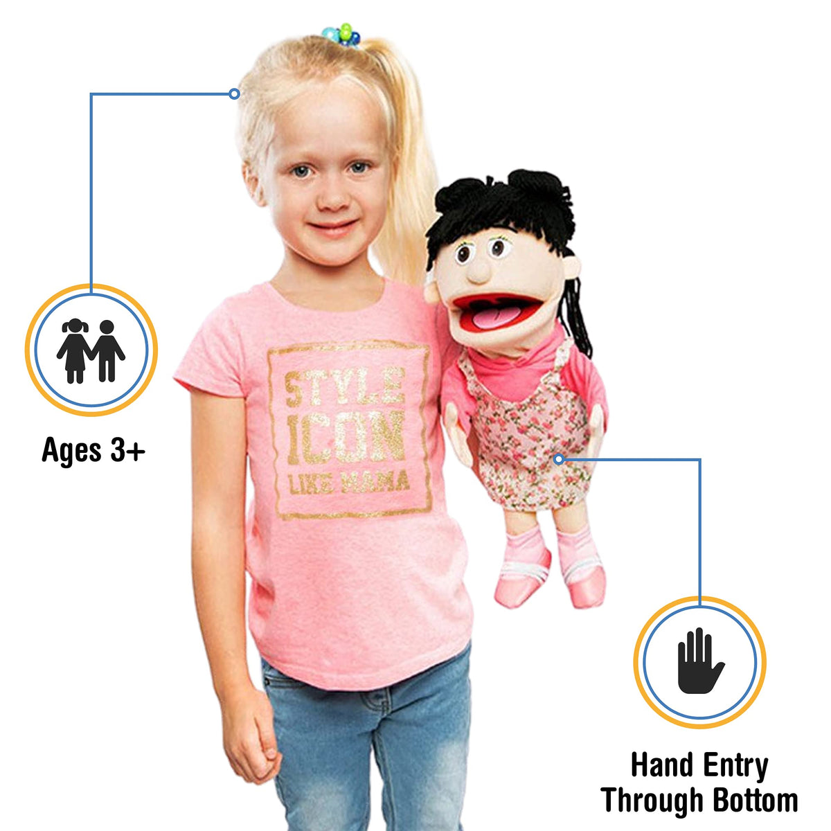 Silly Puppets Susie Peach Girl puppet front view shows easy mouth movement for storytelling.