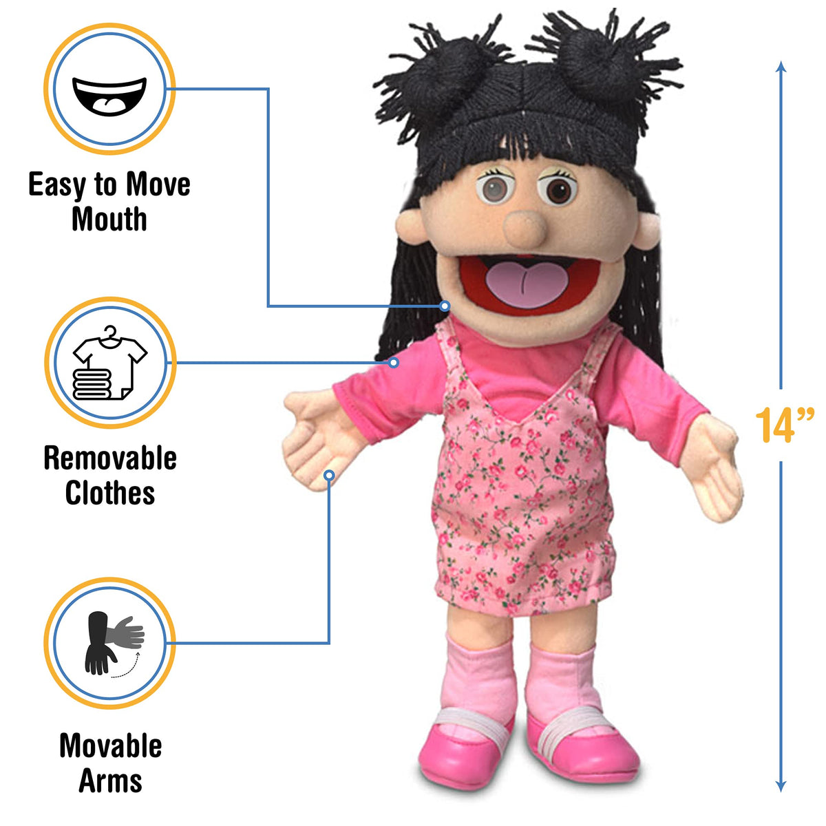 Silly Puppets Susie Peach Girl puppet hands in action invites expressive gestures during play.