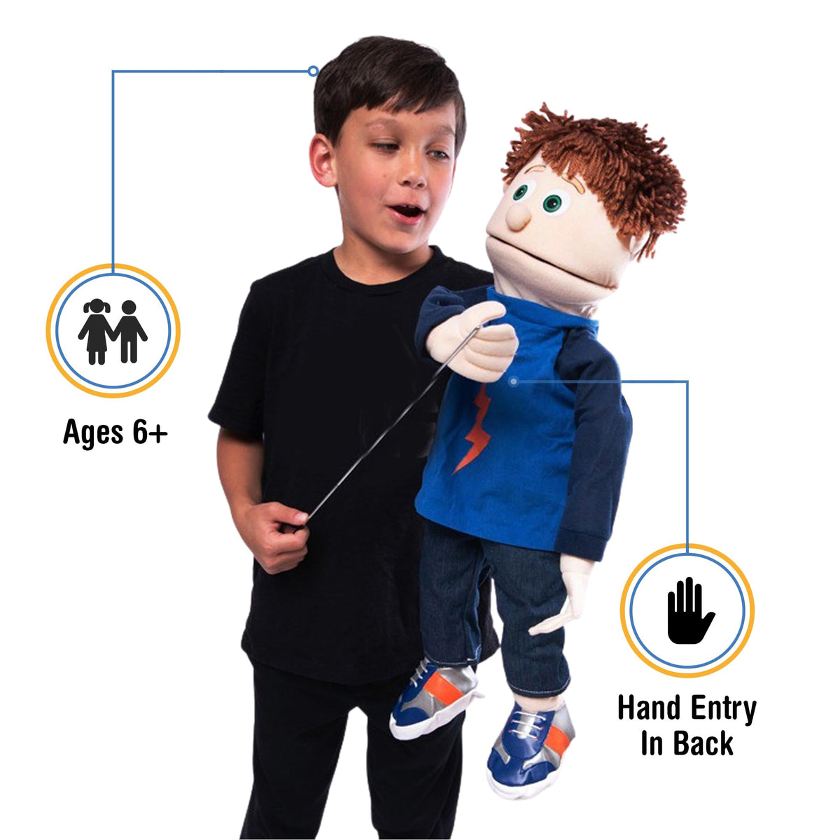 Silly Puppets Tommy arm control rod enables precise hand-assisted motion.