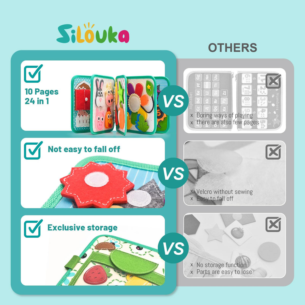Silouka Busy Book farm colors page 3 showing shapes on tactile felt