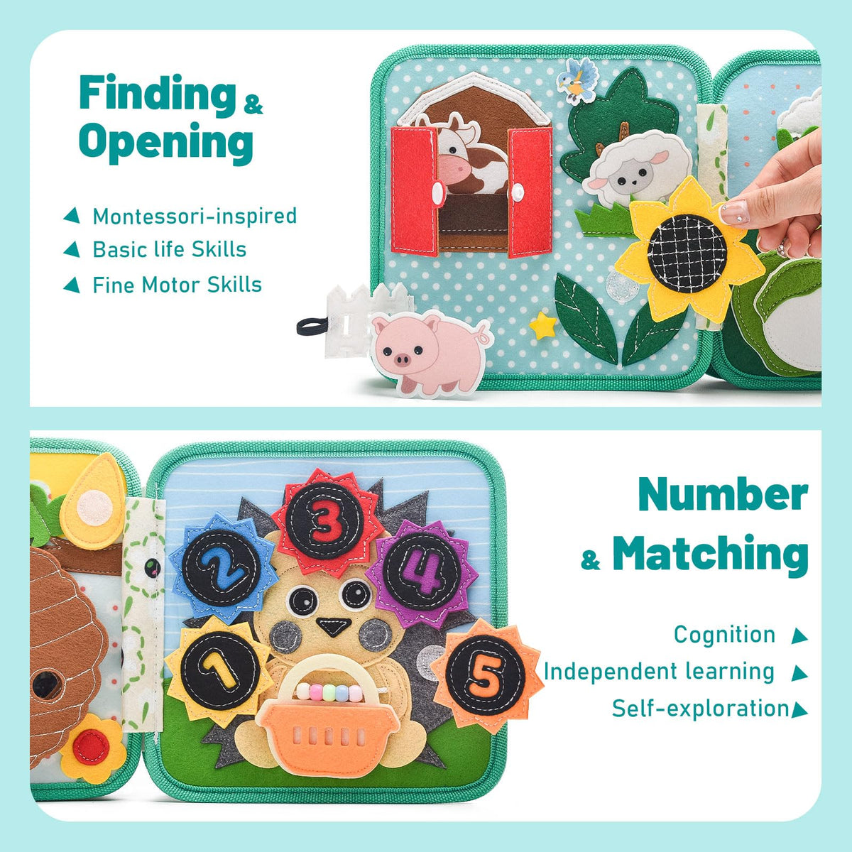 Silouka Montessori Busy Book animals matching page 2 on soft felt panels