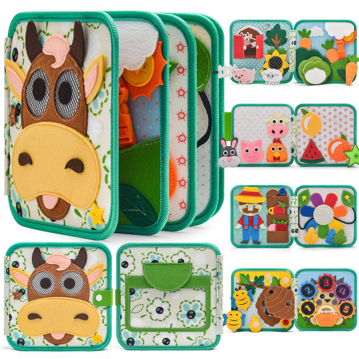 Silouka Montessori Busy Book farm animals page 1 with buckles for fine motor practice