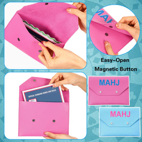 SilTriangle pink leather clutch detail, stylish protective case for mahjong cards.