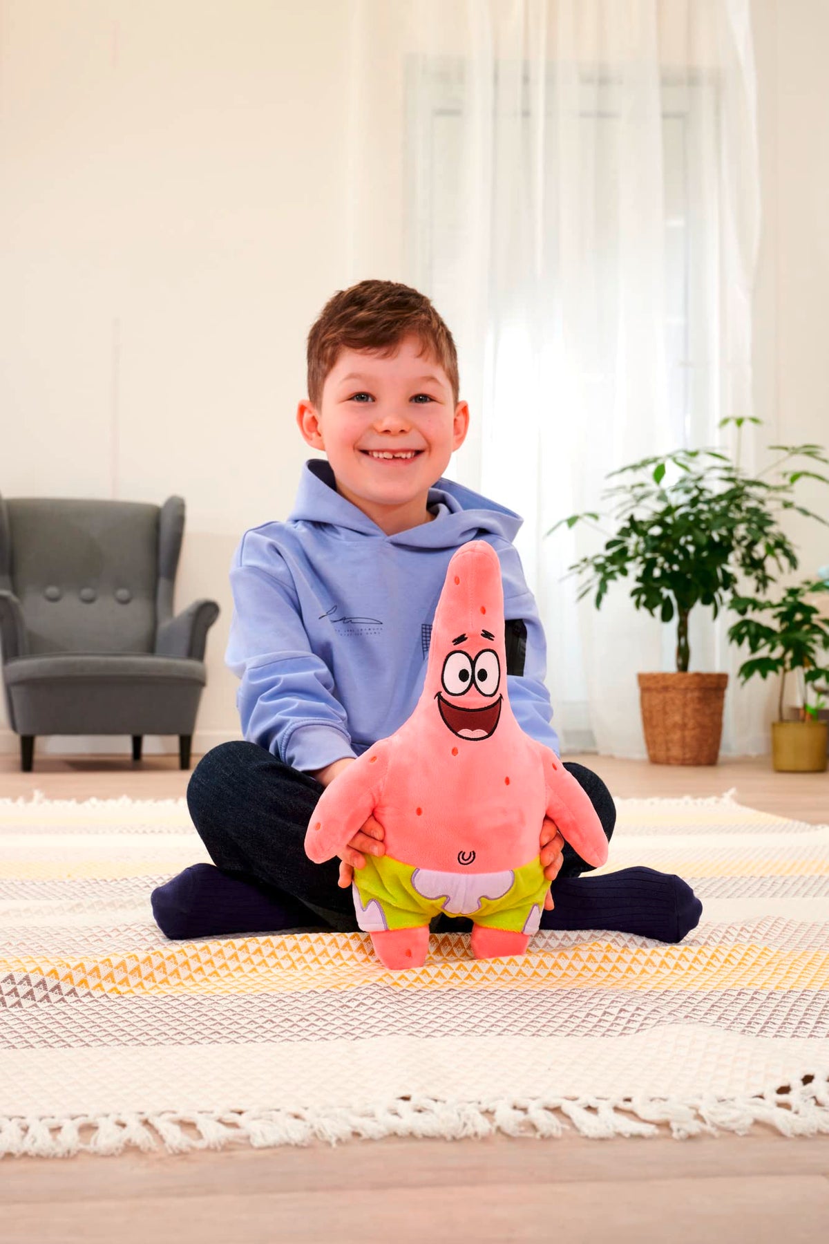 Close-up stitching on Patrick Star emphasizes strong seams for hugs.