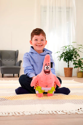 Close-up stitching on Patrick Star emphasizes strong seams for hugs.