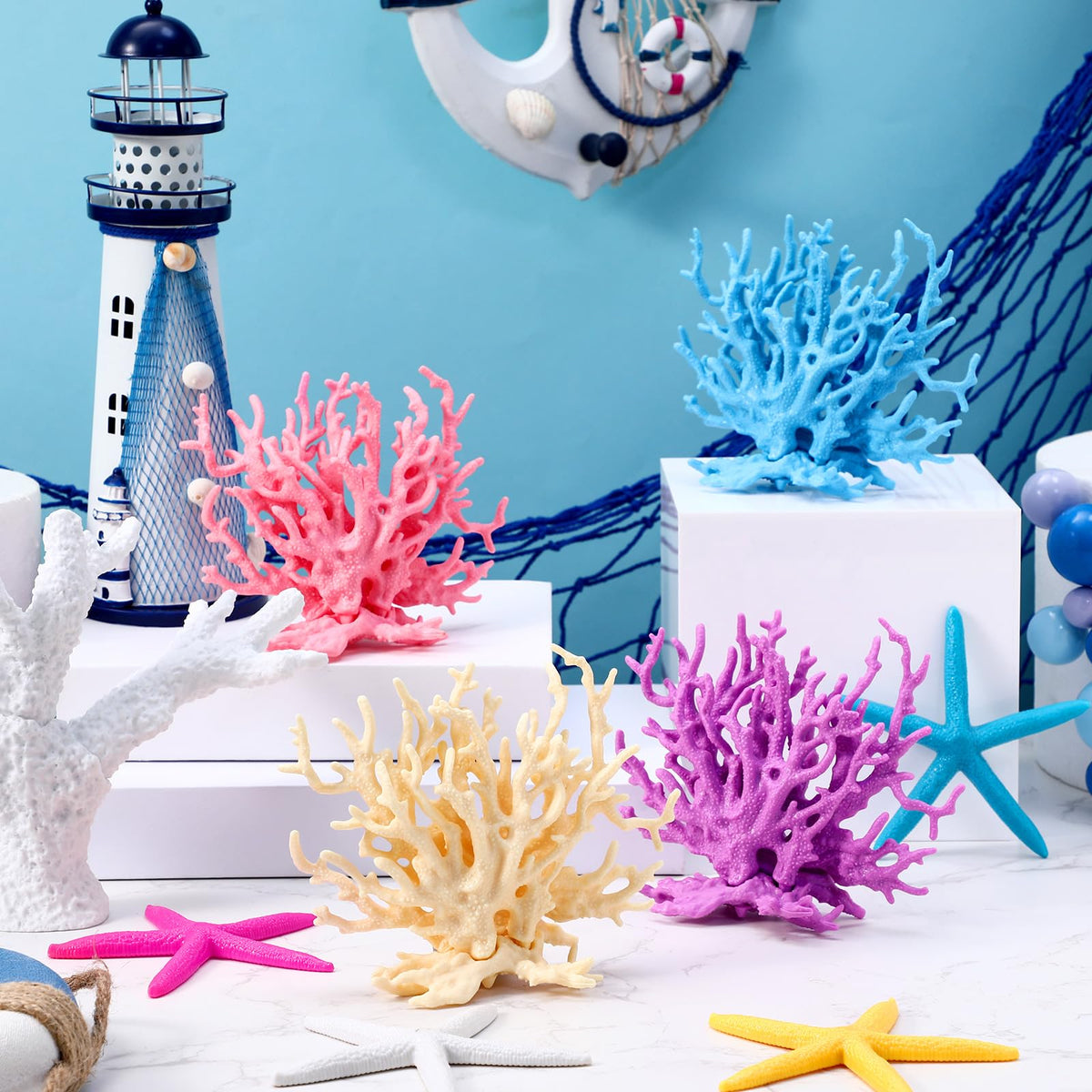 Simgoing coral reef decor with varied colors boosts aquatic party ambiance.