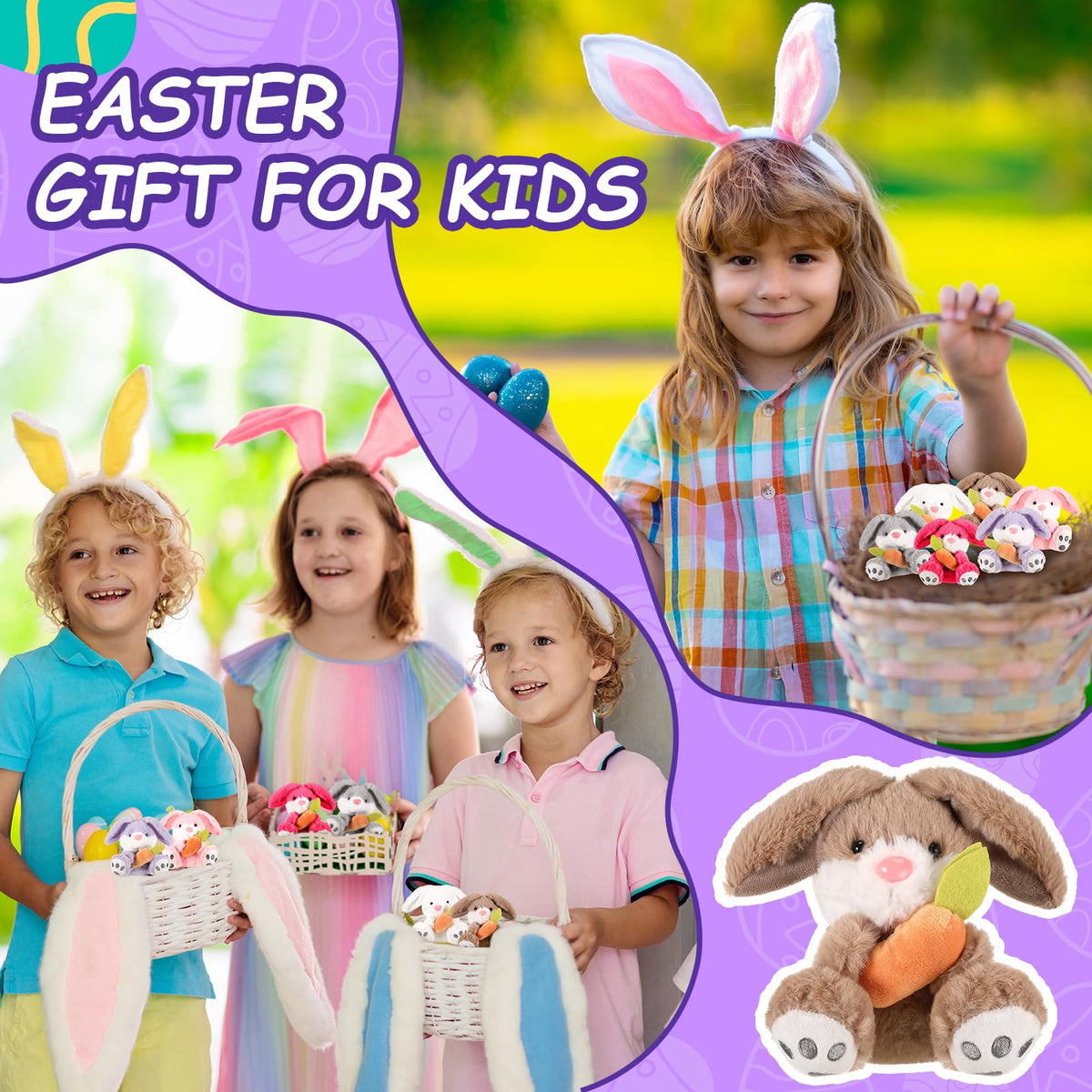 Simgoing plush bunny purple with floppy ears, bright eyes, ideal travel companion