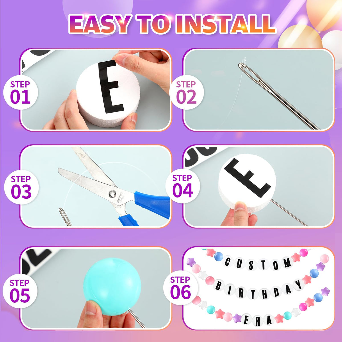 Simgoing embroidery needle and fishing line simplify assembling decorative strings.