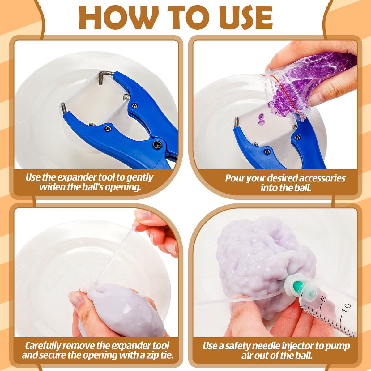Simgoing expansion pliers for easy shaping and filling of DIY stress balls.