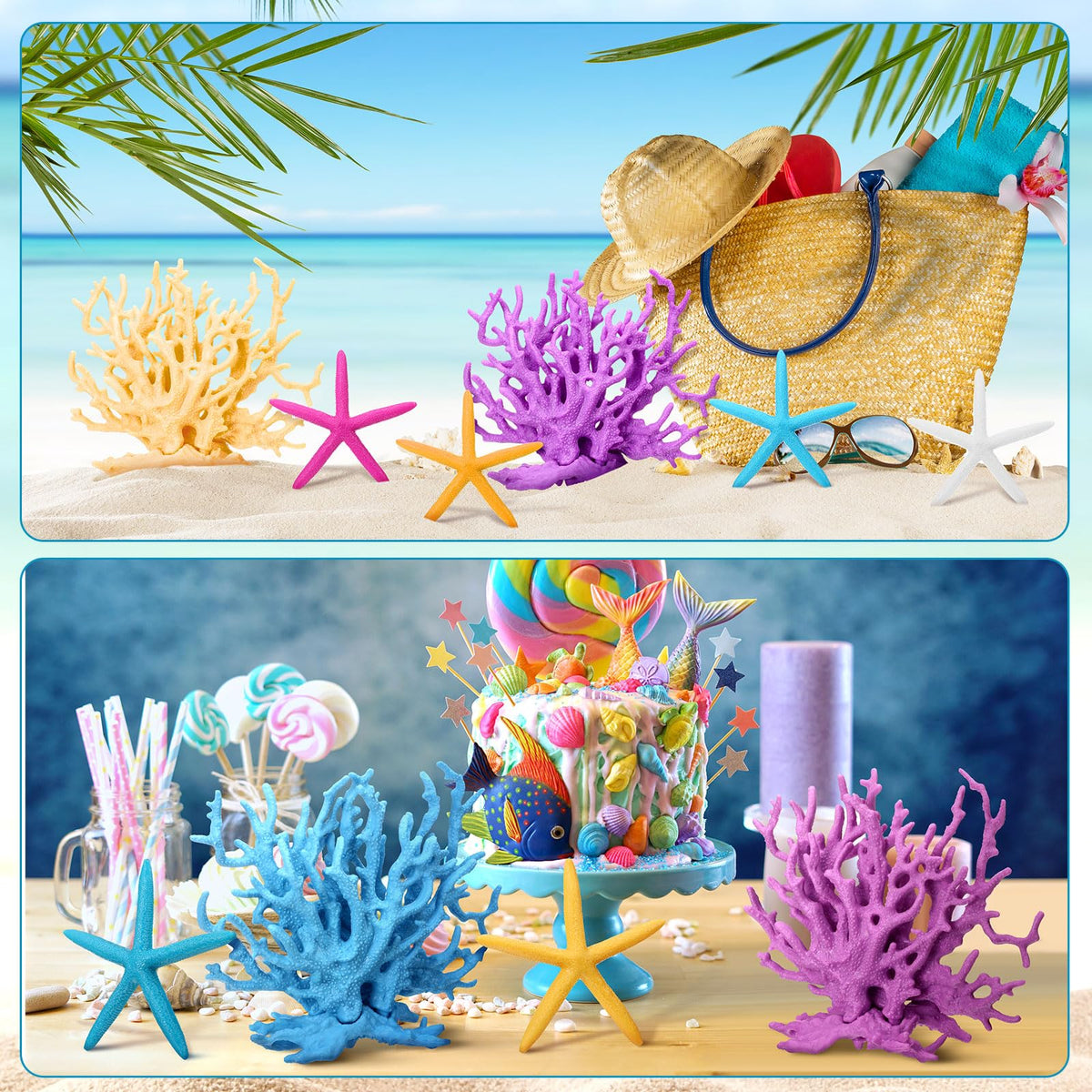 Simgoing mermaid party props pair well with seashell bowls and nautical accents.