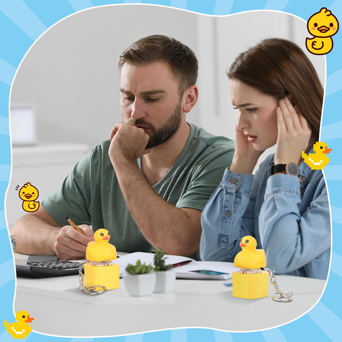 Simgoing quacking duck keychain on bag demonstrates portable relaxation and cheerful mood.