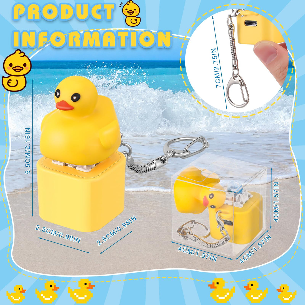 Simgoing quacking duck keychain charging port shows its rechargeable fun and long-lasting play.