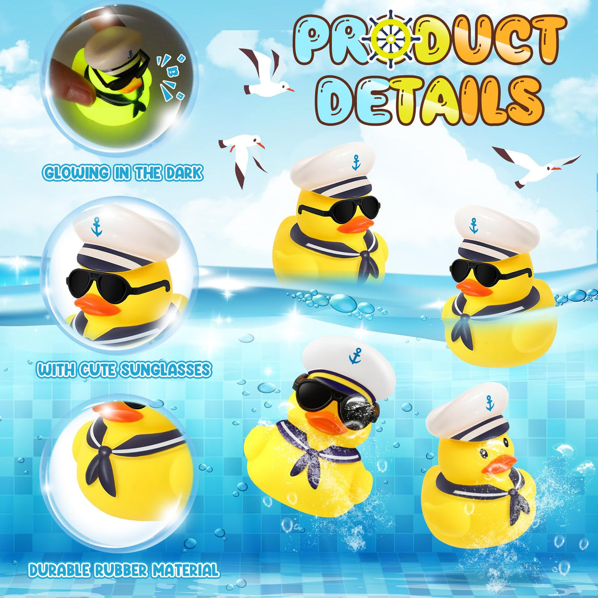 Simgoing yellow rubber duck with sunglasses adds nautical flair to bath time.