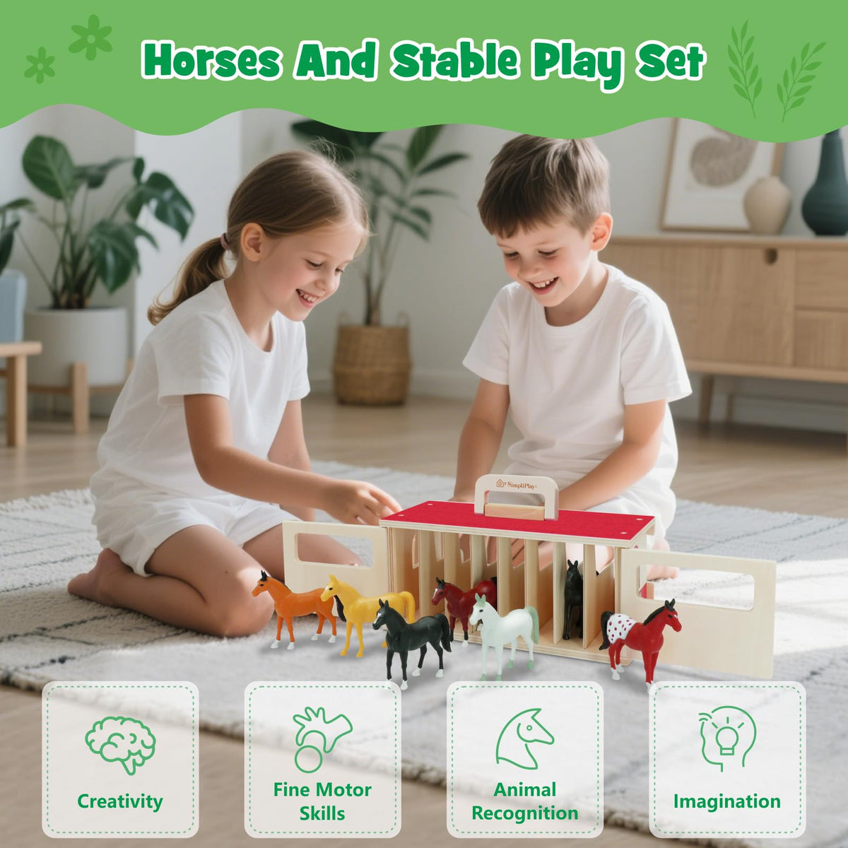 SIMPLIPLAY fold-and-go stable with opening doors, easy to take on trips.