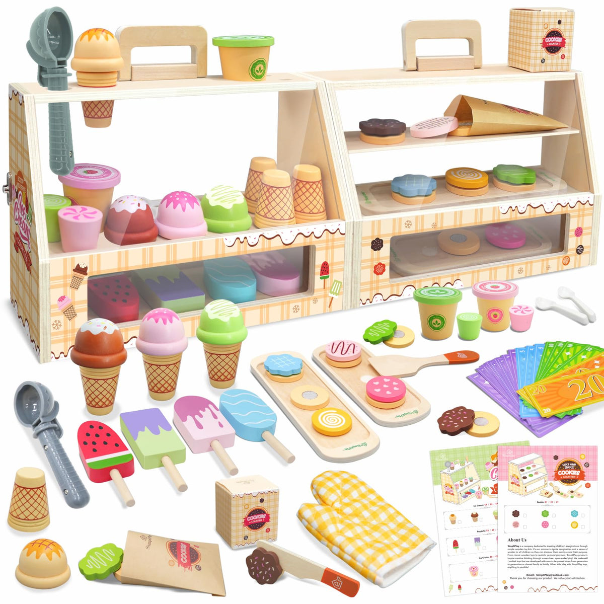 SIMPLIPLAY ice cream scoops and cones promote imaginative dessert shop role play.
