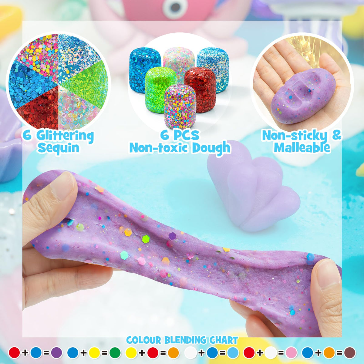 SIMPLIPLAY Mermaid Sensory Kit glittery dough close-up showcases sparkly texture.