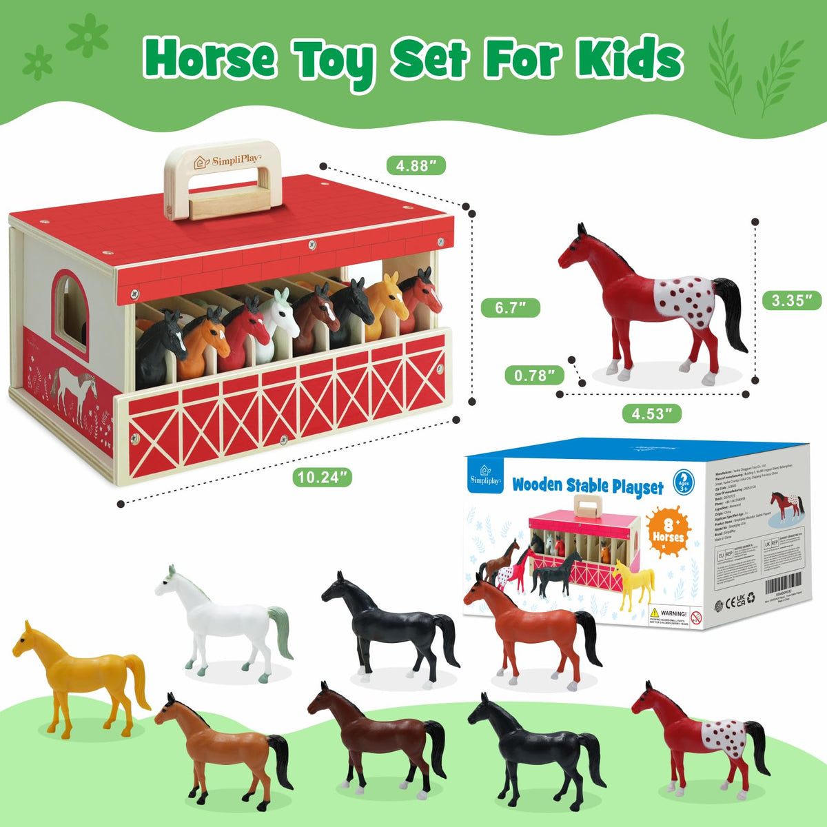 SIMPLIPLAY wood and safe plastic horses, designed for long-lasting, kid-friendly play.