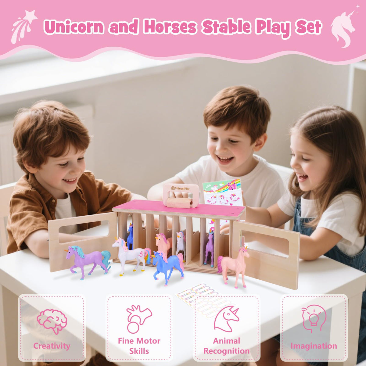 SIMPLIPLAY unicorn-figures-eight: eight colorful unicorn figurines spark storytelling and role play.
