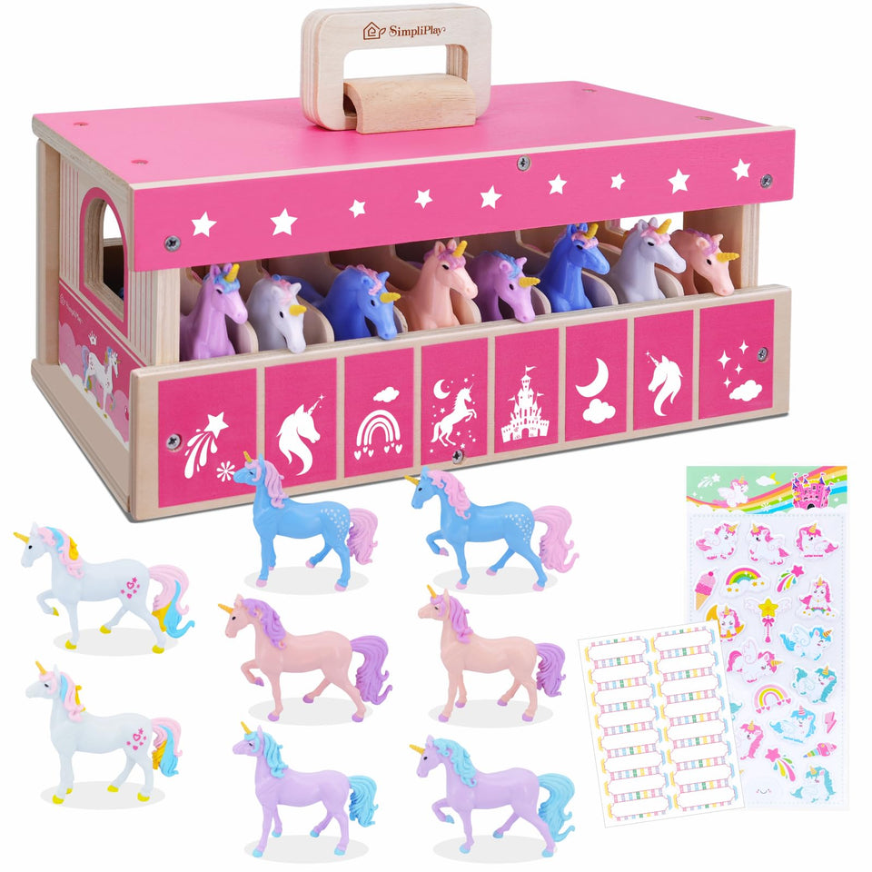 SIMPLIPLAY unicorn-stable-wooden-house: sturdy wooden playset inviting imaginative stable adventures.
